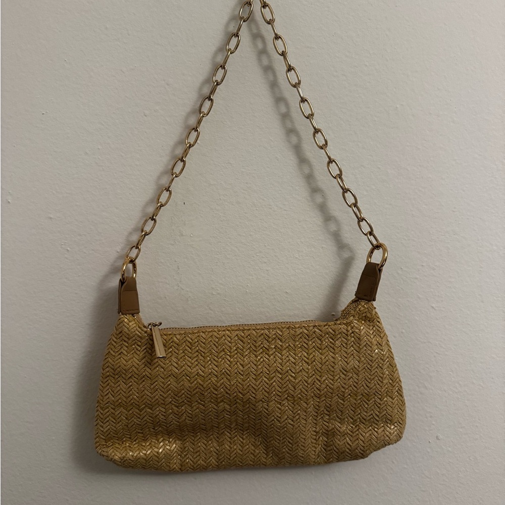 Raffia Tan Woven Shoulder Bag with Chain Strap